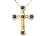 3/10 Carat (ctw) Natural Blue Sapphire Cross Pendant Necklace in 14K Yellow Gold with Chain
